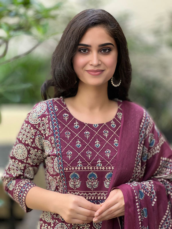 Maroon & Beige Printed Cotton Suit Set with mul cotton dupatta