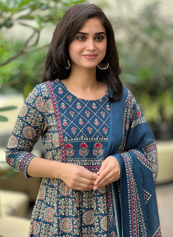 Rahi blue embroidered cotton suit set with dupatta
