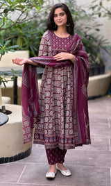 Maroon & Beige Printed Cotton Suit Set with mul cotton dupatta