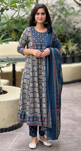 Rahi blue embroidered cotton suit set with dupatta