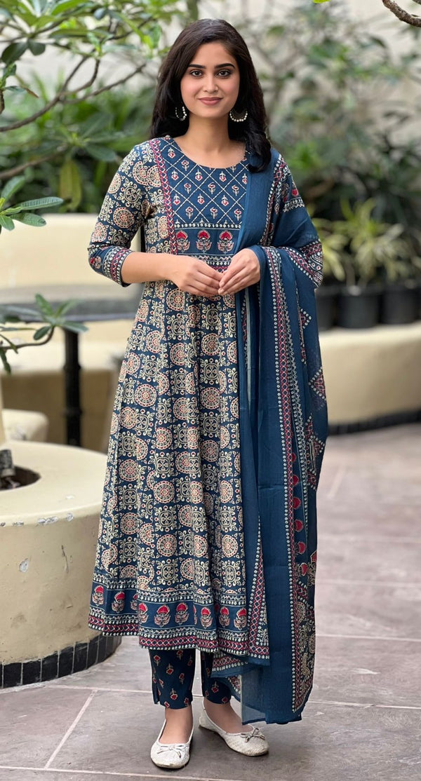 Rahi blue embroidered cotton suit set with dupatta