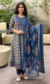 Rahi blue embroidered cotton suit set with dupatta