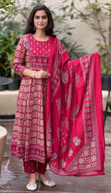 Rahi red embroidered cotton suit set with dupatta