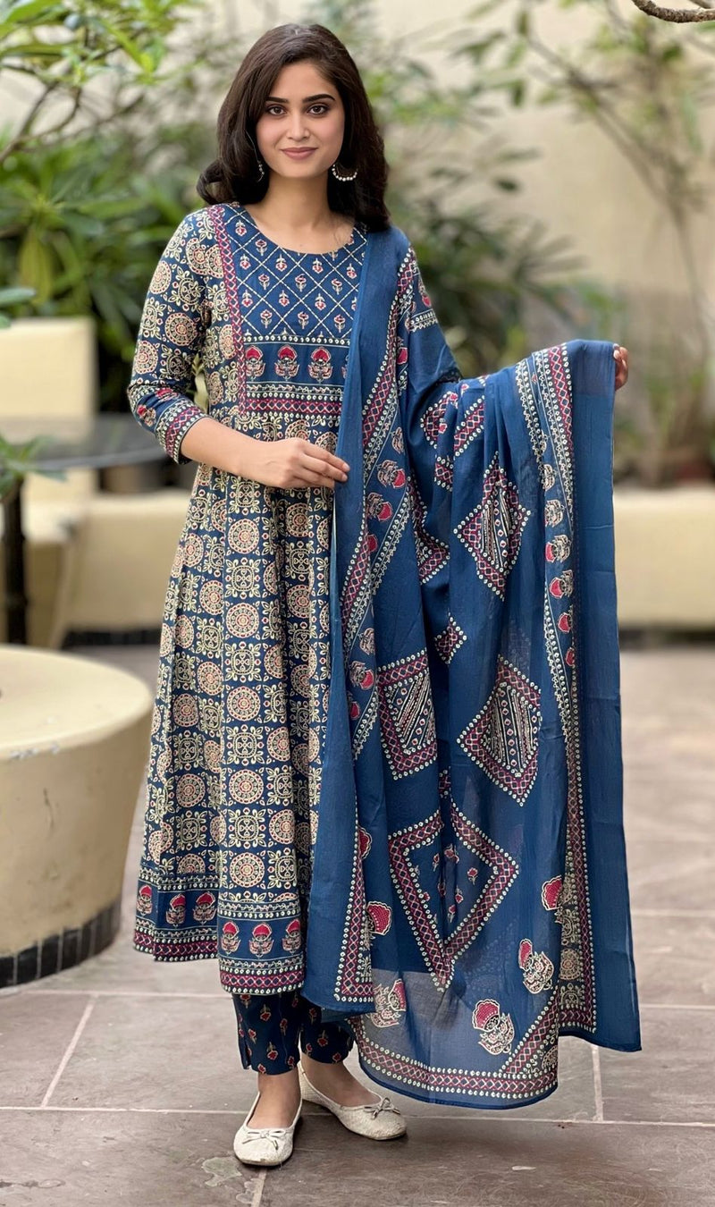 Rahi blue embroidered cotton suit set with dupatta