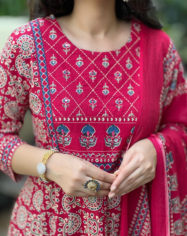 Rahi red embroidered cotton suit set with dupatta