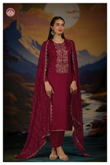 Rubina Maroon embroidered cotton suit set with dupatta
