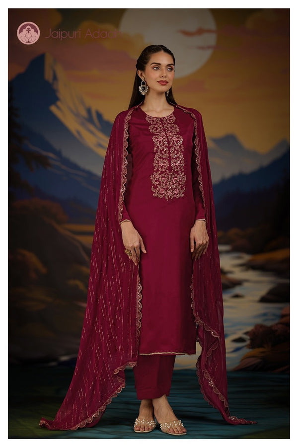 Rubina Maroon embroidered cotton suit set with dupatta