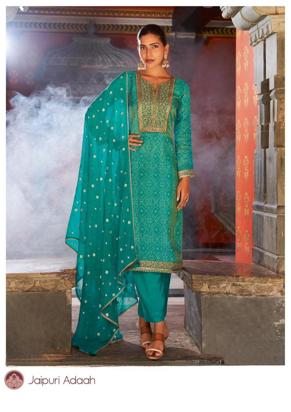 Sawari green tissue silk embroidered suit set with silk dupatta