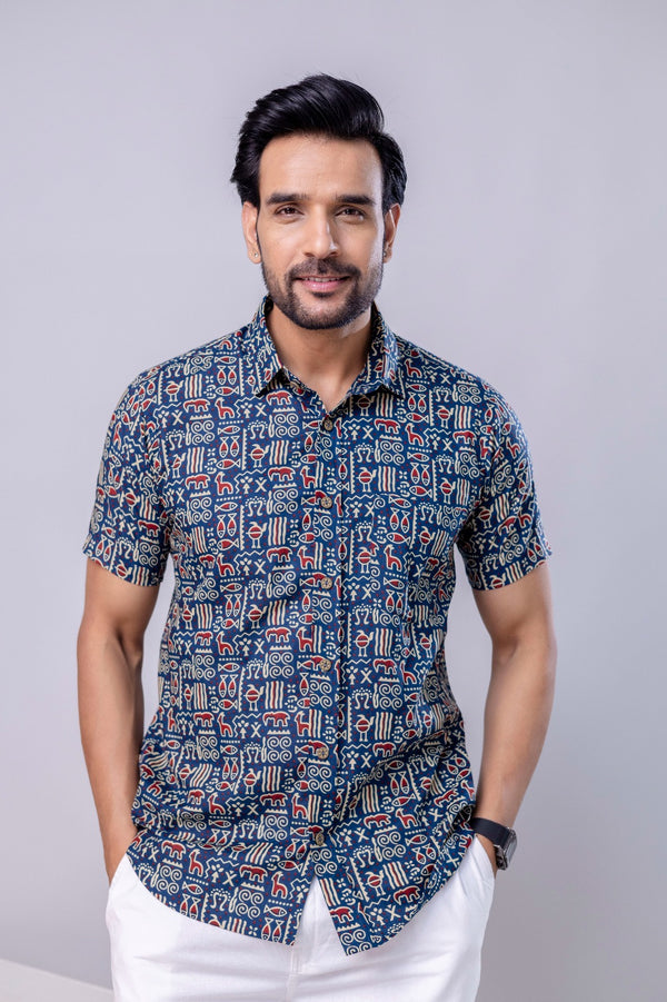 Ocean Blue Printed Cotton Men’s Shirt