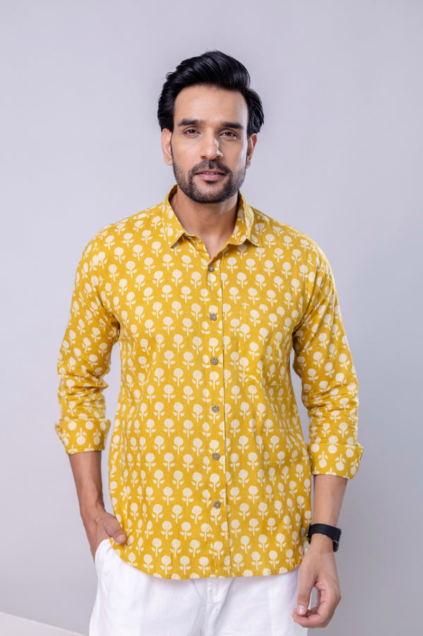 Pulkit Yellow Printed Cotton Men’s Shirt