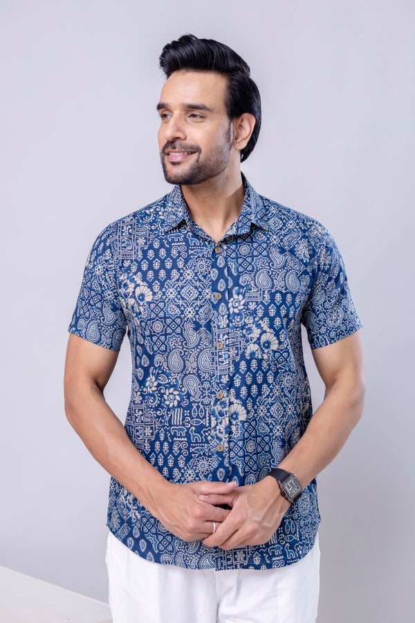 Marwar Blue Printed Cotton Men’s Shirt
