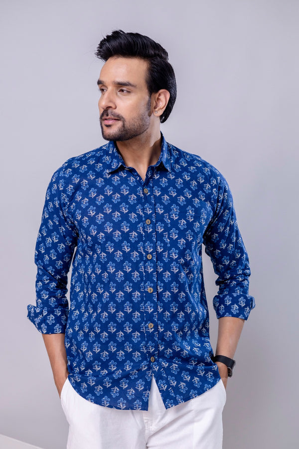 Jaipuri Blue Printed Cotton Men’s Shirt