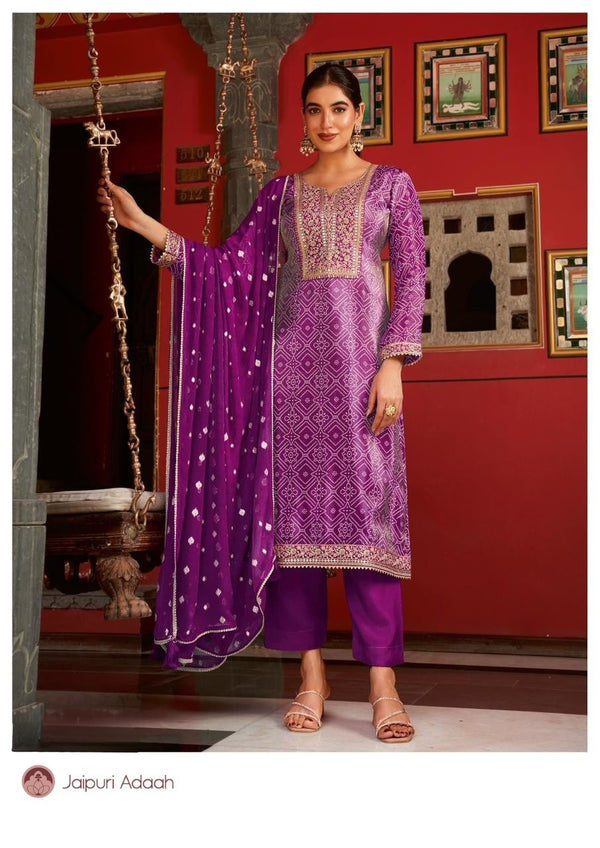 Sawari purple tissue silk embroidered suit set with silk dupatta