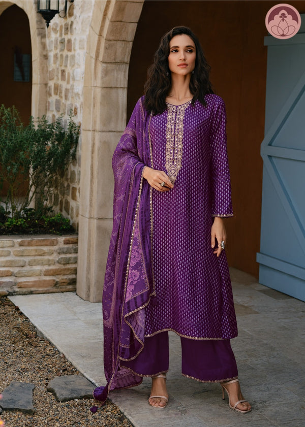 Nazakat purple embroidered suit set with dupatta
