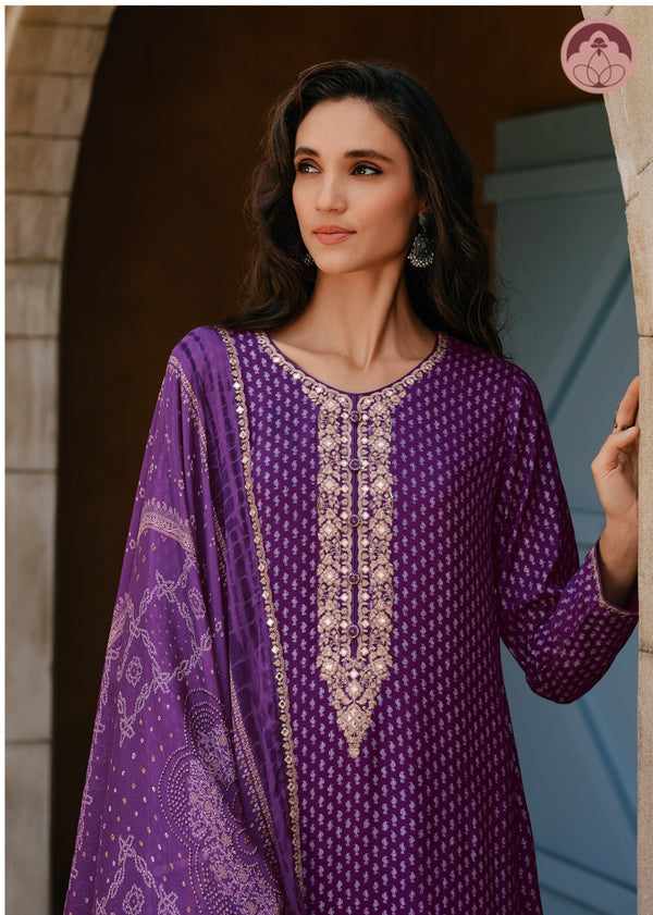 Nazakat purple embroidered suit set with dupatta