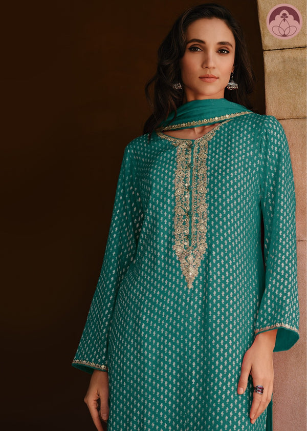 Nazakat green embroidered suit set with dupatta
