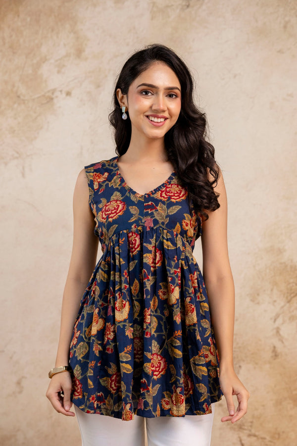 Navy Blue Floral Sleeveless Cotton Top