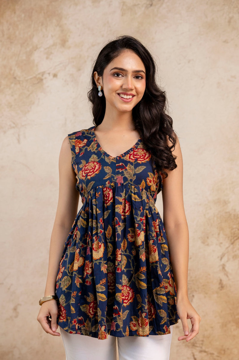 Navy Blue Floral Sleeveless Cotton Top