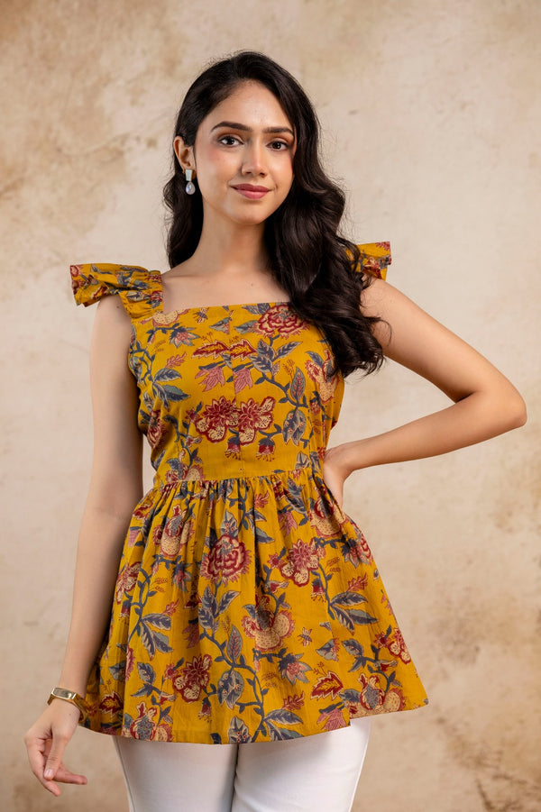 Mustard Yellow Floral Sleeveless Cotton Top