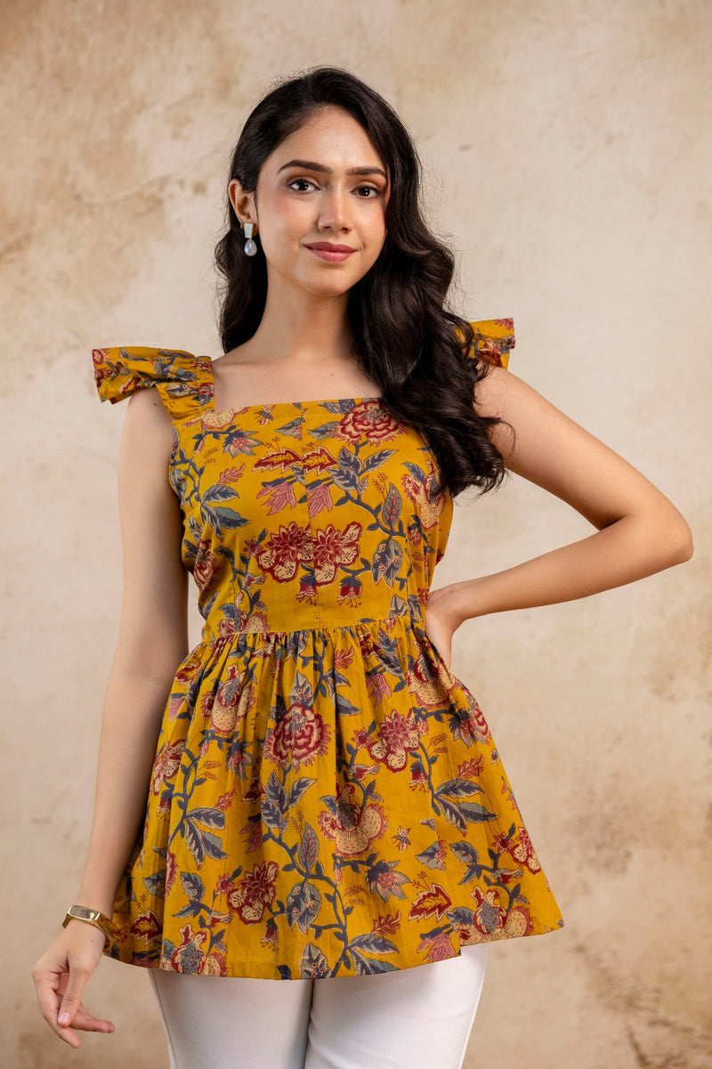 Mustard Yellow Floral Sleeveless Cotton Top