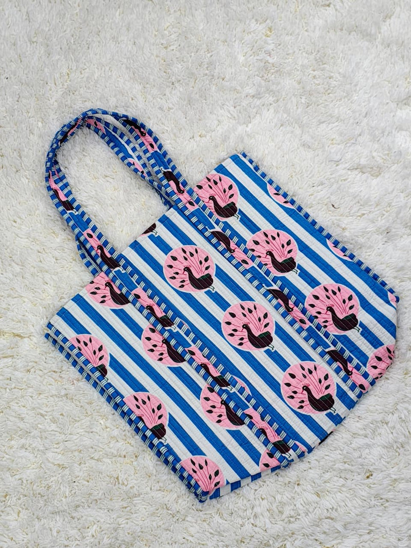 Blue Bliss Peacock Print Cotton Quilted Tote Bag