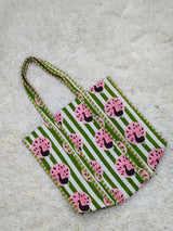 Trendy Olive & Pink Peacock Print Quilted Tote Bag