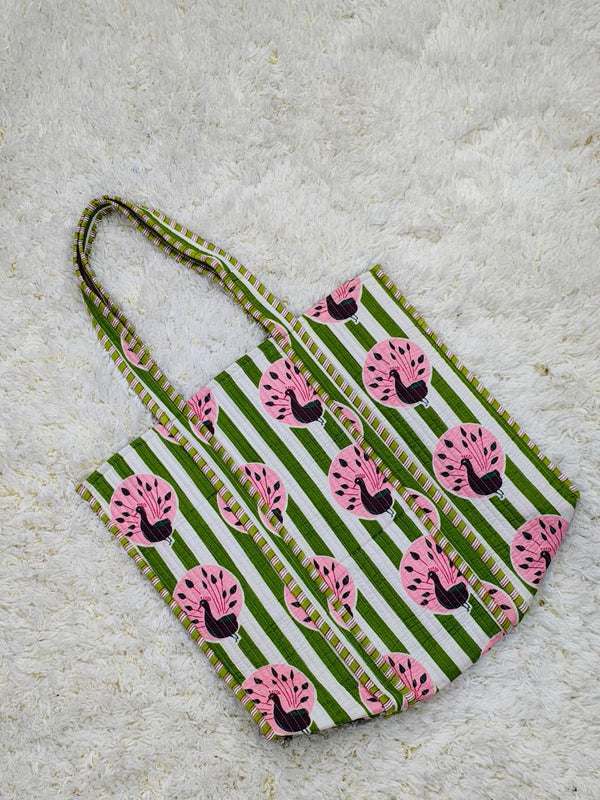 Trendy Olive & Pink Peacock Print Quilted Tote Bag