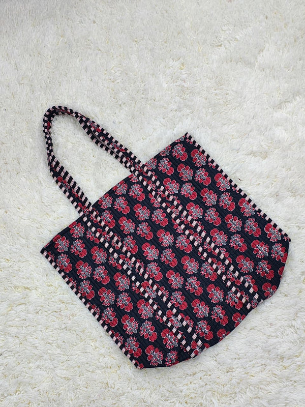Midnight Garden Red Floral Quilted Cotton Tote Bag
