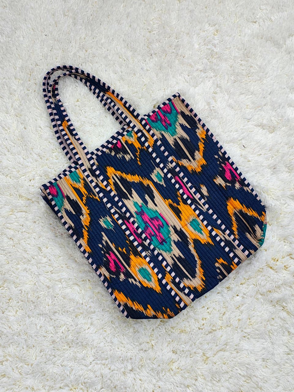 “Navy Mirage Multicolor Ikat Quilted Cotton Tote Bag”