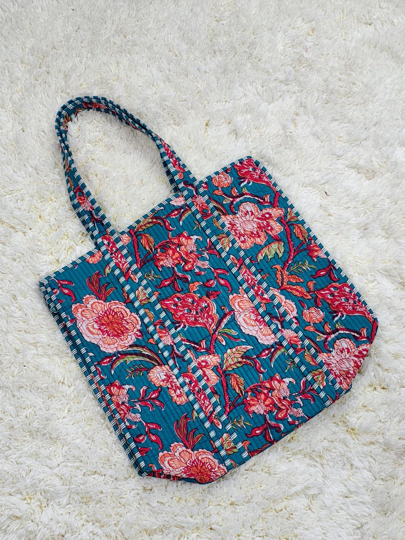“Teal Bloom Red Floral Quilted Cotton Tote Bag”