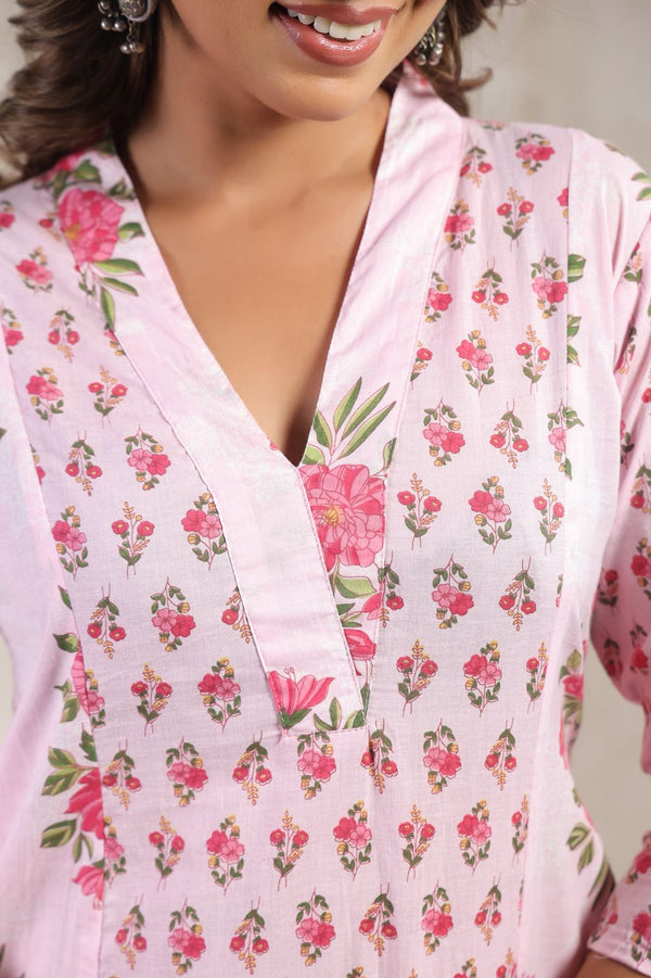 Soft Pink Garden Print Cotton Kurti