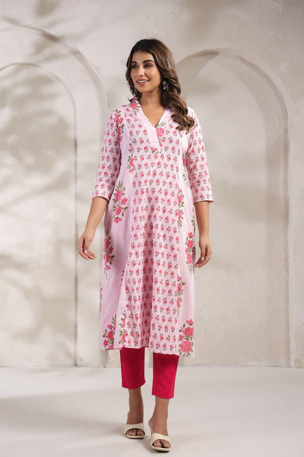 Soft Pink Garden Print Cotton Kurti