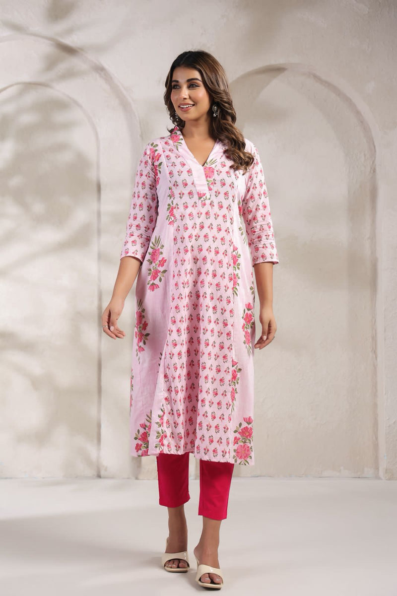 Soft Pink Garden Print Cotton Kurti