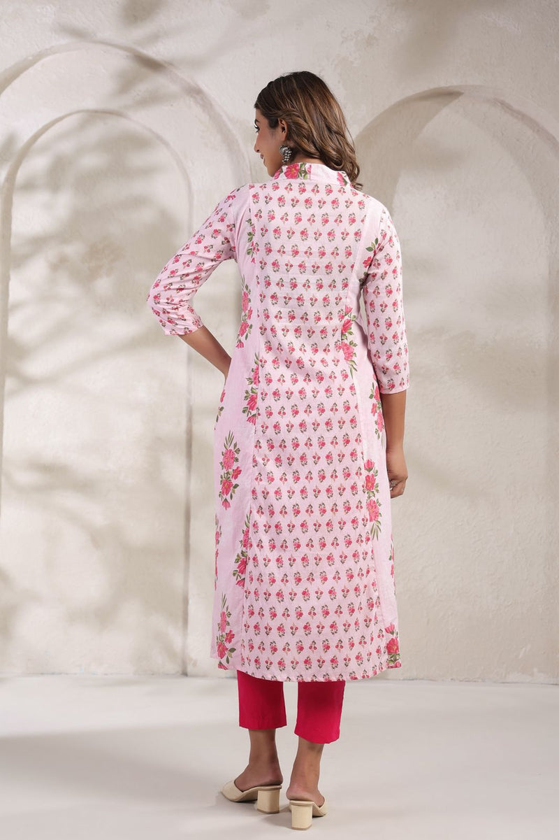 Soft Pink Garden Print Cotton Kurti