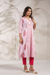Soft Pink Garden Print Cotton Kurti