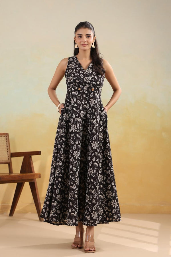 Black Ivory Floral Wrap-Style Long Dress