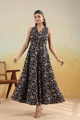 Black Ivory Floral Wrap-Style Long Dress
