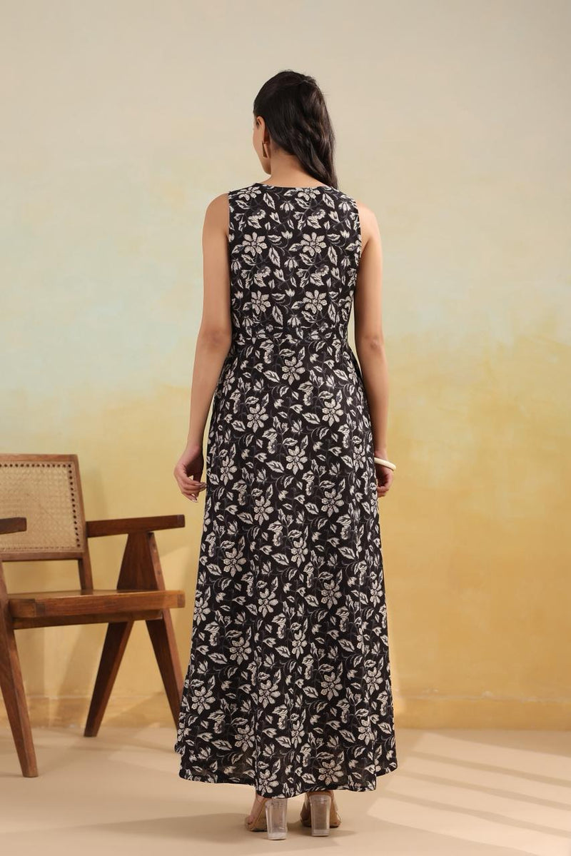 Black Ivory Floral Wrap-Style Long Dress