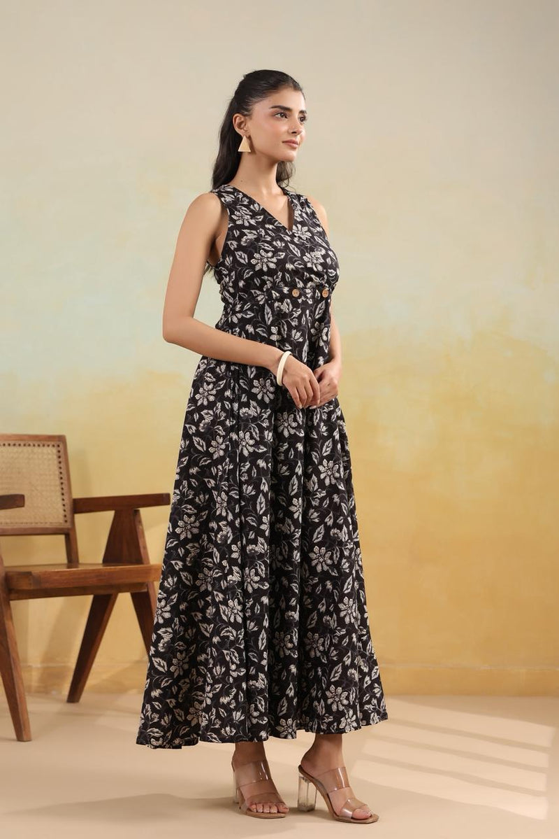 Black Ivory Floral Wrap-Style Long Dress