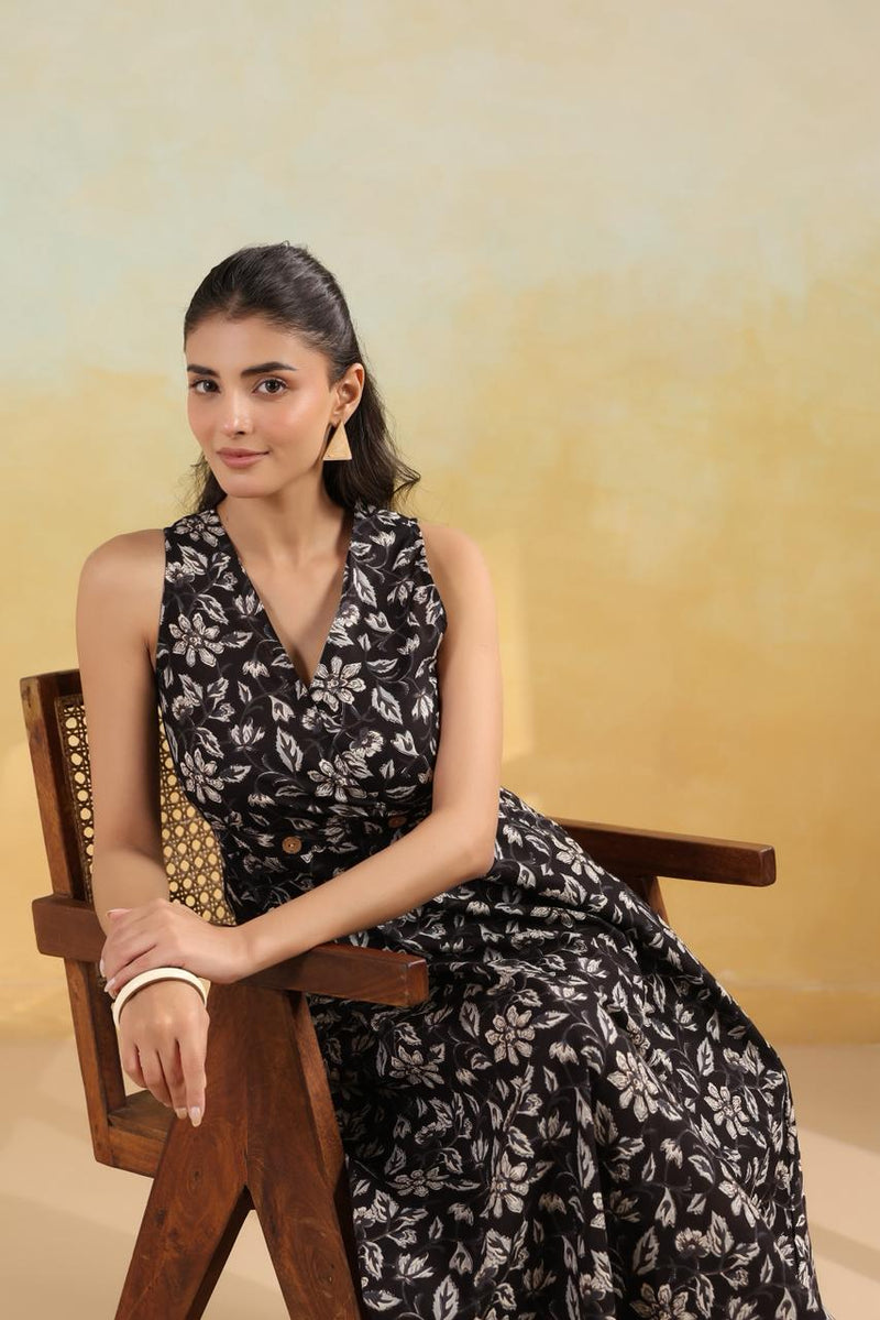 Black Ivory Floral Wrap-Style Long Dress