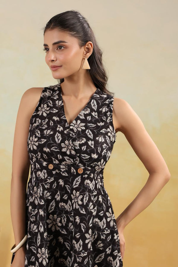 Black Ivory Floral Wrap-Style Long Dress