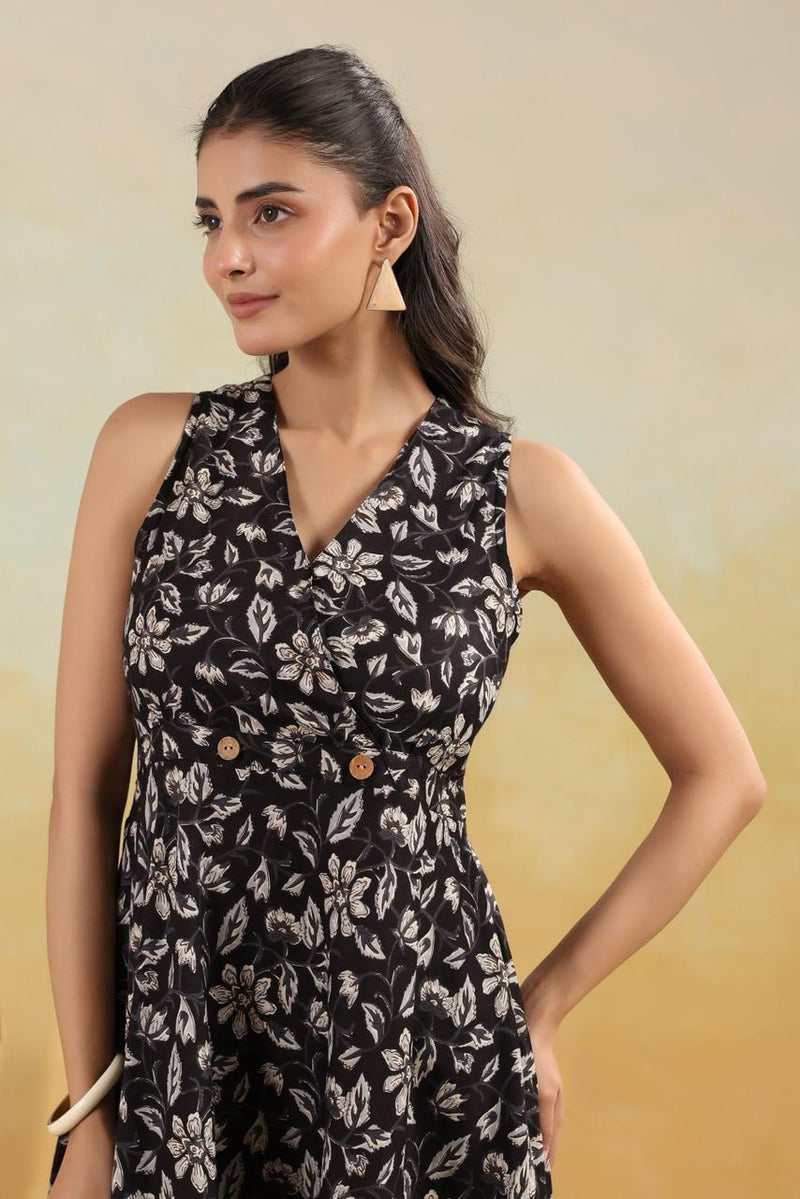 Black Ivory Floral Wrap-Style Long Dress