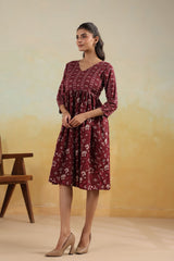 Maroon Heritage Blossom Printed Midi Dress