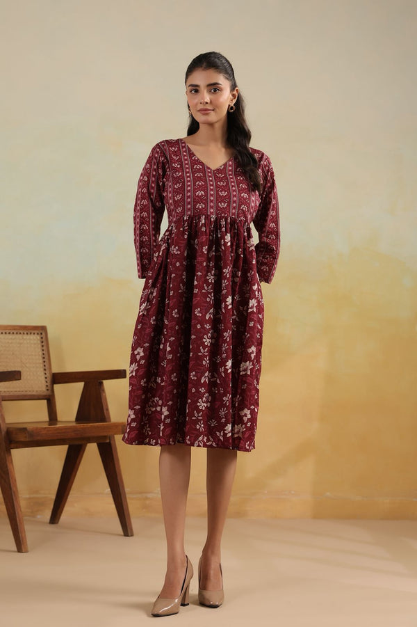 Maroon Heritage Blossom Printed Midi Dress