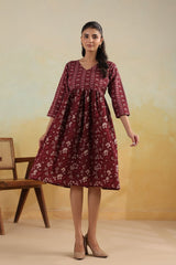 Maroon Heritage Blossom Printed Midi Dress