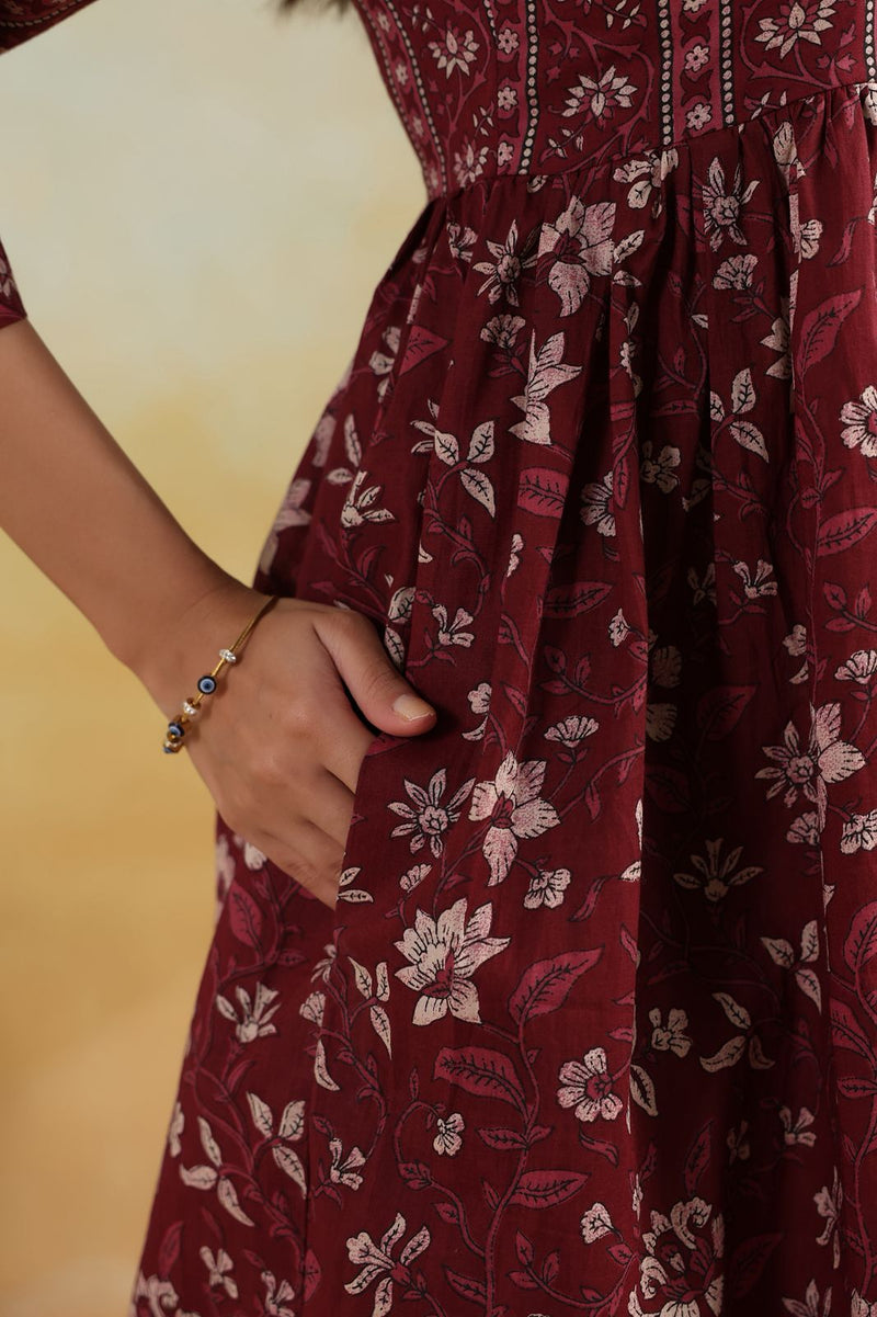 Maroon Heritage Blossom Printed Midi Dress
