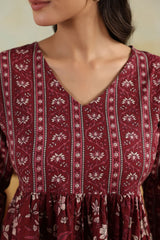 Maroon Heritage Blossom Printed Midi Dress