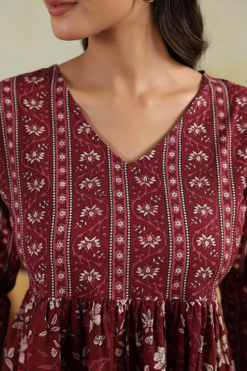 Maroon Heritage Blossom Printed Midi Dress