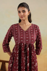 Maroon Heritage Blossom Printed Midi Dress
