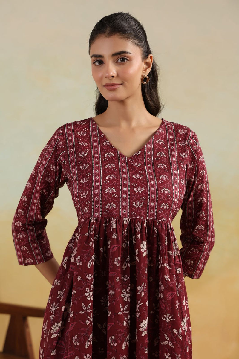 Maroon Heritage Blossom Printed Midi Dress